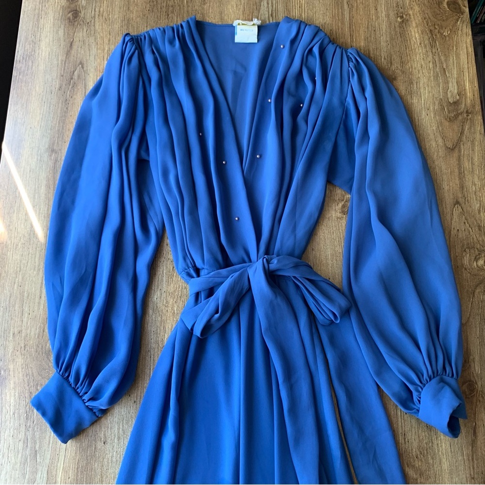 Vintage 80s Blue Dress Evening Medium Large